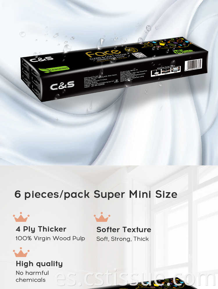 6 piezas One Pack Super Mini Size Soft Pocket Pack Mini Pequeño tejido facial